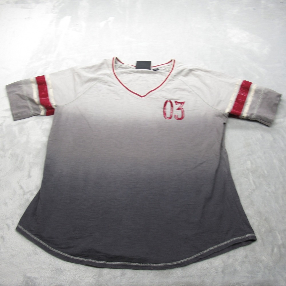 Harley Davidson Shirt Women 2XL Gray Ombre Top V Neck Racing Stripe Cursive Moto